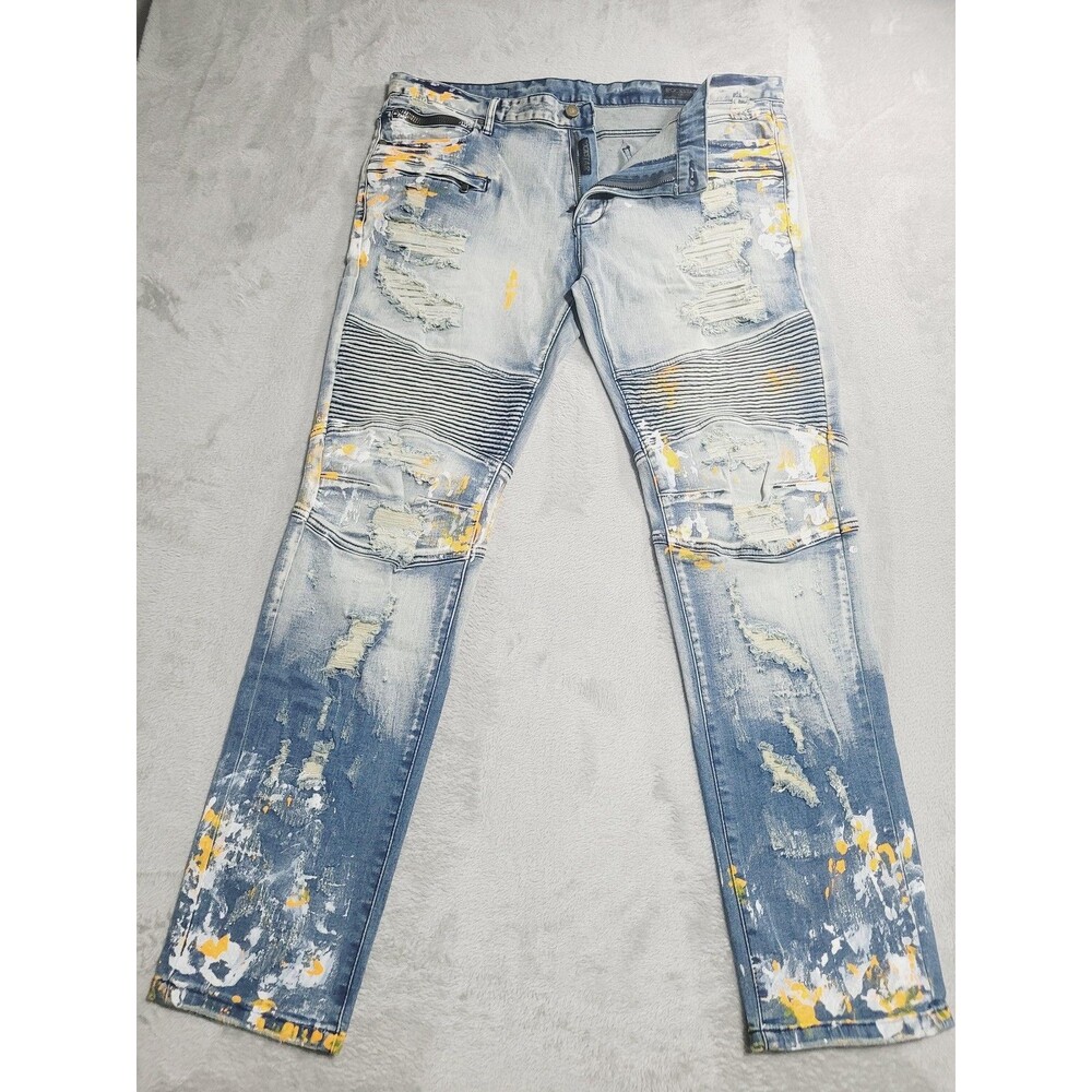 Rockstar Original Ultra Slim Jeans Mens 40x32 Blue Paint Distressed Moto Biker